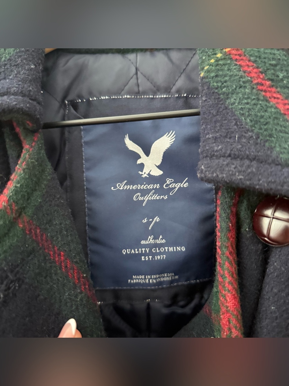 American Eagle Y2K Plaid Belted Wool Peacoat. Navy Green Red - Picture 3 of 9